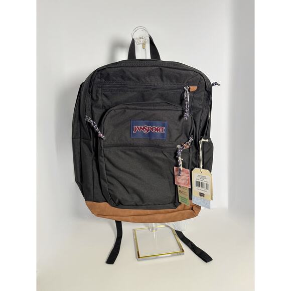 Jansport Handbags - JanSport Cool Student Backpack Black Brown Faux Leather Bottom Laptop Bag NWT